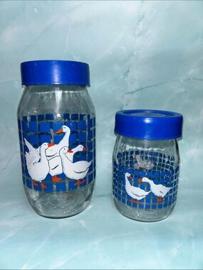Carlton Glass Geese Clear Jar Blue Lid 1 and 2L Canister Goose Country Storage